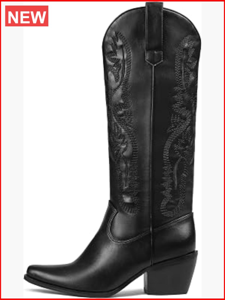 Knee High Cowgirl Boots Chunky Block Heel Side Zipper Western Fashion Boots